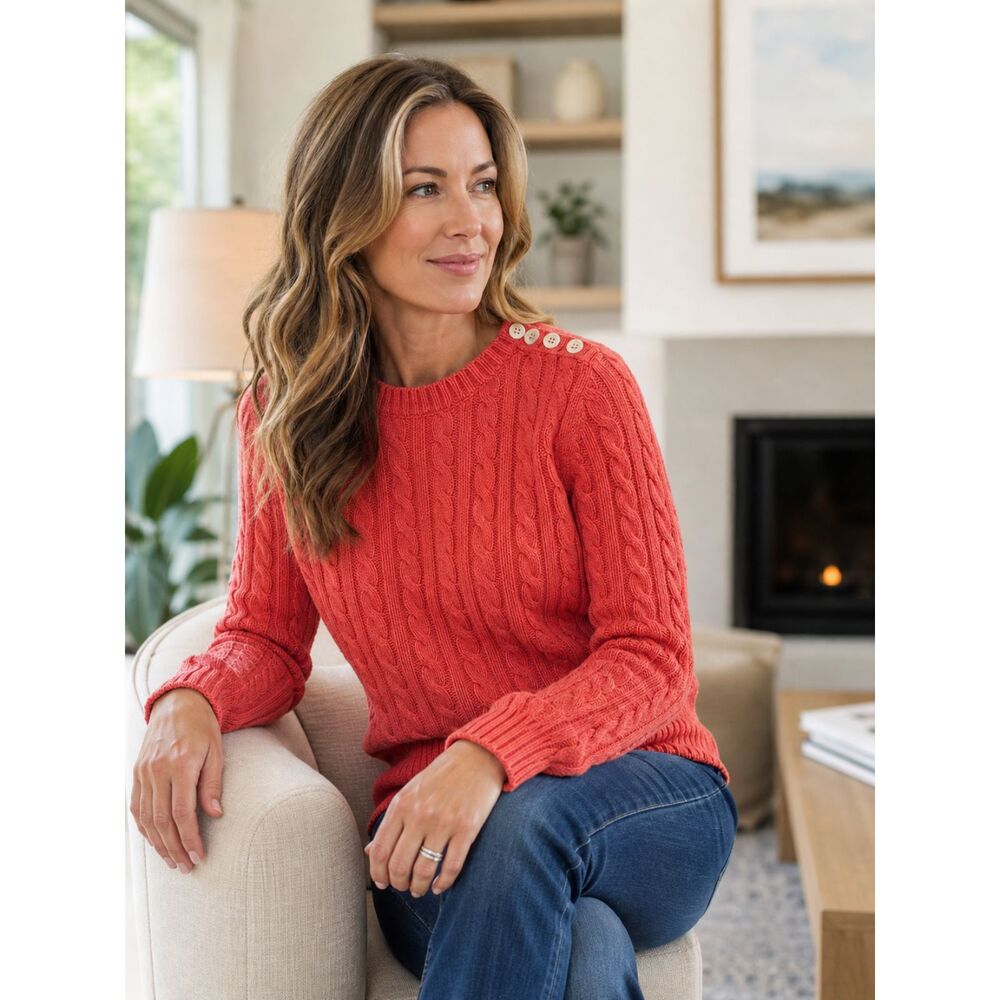 Lands’ End Coral Cable Knit Sweater Womens Small Button Shoulder Preppy Classic